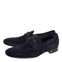 Louis Vuitton Navy Blue Suede Leather Penny Slip On Loafers Size 43.5