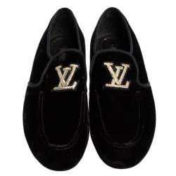 Louis Vuitton Black Velvet Logo Embroidered Slip On Loafers Size 42.5