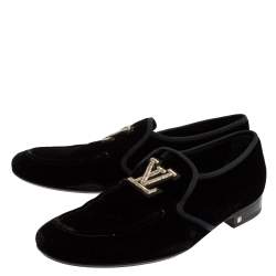 Louis Vuitton Black Velvet Logo Embroidered Slip On Loafers Size 42.5