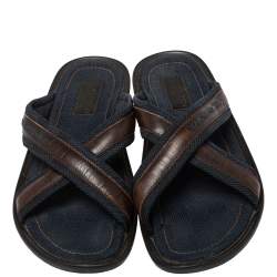 مملوكة مسبقًا صندل سلايد فلات لوي فيتون سيور متعاكسة حافة جلد و كانفاس بني و أزرق مقاس 45