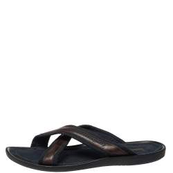 مملوكة مسبقًا صندل سلايد فلات لوي فيتون سيور متعاكسة حافة جلد و كانفاس بني و أزرق مقاس 45