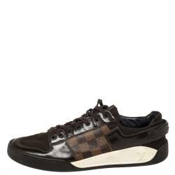 Pre Owned Louis Vuitton Brown Leather And Damier Ebene Canvas Lace Up Sneakers Size 42.5