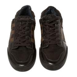 Pre Owned Louis Vuitton Brown Leather And Damier Ebene Canvas Lace Up Sneakers Size 42.5