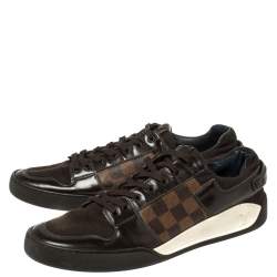 Pre Owned Louis Vuitton Brown Leather And Damier Ebene Canvas Lace Up Sneakers Size 42.5
