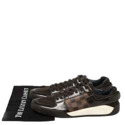 Pre Owned Louis Vuitton Brown Leather And Damier Ebene Canvas Lace Up Sneakers Size 42.5