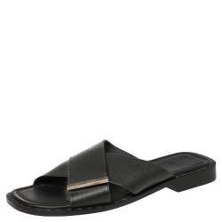 Louis Vuitton Black Taiga Leather Cross Strap Flat Slides Size 43.5 