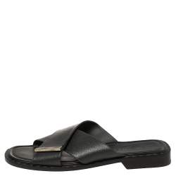 Louis Vuitton Black Taiga Leather Cross Strap Flat Slides Size 43.5 