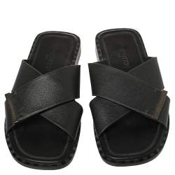 Louis Vuitton Black Taiga Leather Cross Strap Flat Slides Size 43.5 