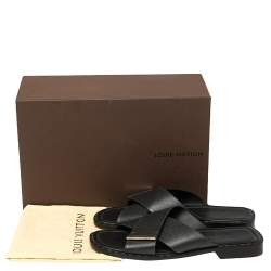 Louis Vuitton Black Taiga Leather Cross Strap Flat Slides Size 43.5 