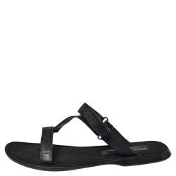 Pre Owned صندل لوي فيتون سلايد جلد أسود مثقب بالشعار مقاس 43 