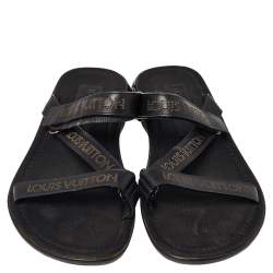 Pre Owned صندل لوي فيتون سلايد جلد أسود مثقب بالشعار مقاس 43 