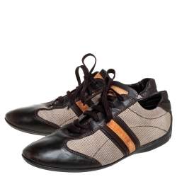 Pre Owned Louis Vuitton Brown/Beige Leather And Canvas Low Top Sneakers Size 42.5