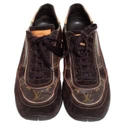 Pre Owned Louis Vuitton Brown Monogram Canvas And Suede Low Top Sneakers Size 46