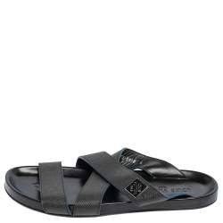 مملوكة مسبقًا صندل سلايد فلات لوي فيتون جلد أسود بسيور متعاكسة مقاس 40