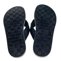 Pre Owned Louis Vuitton Blue Damier Rubber And Leather Key Flip Flop Thong Flats Size 44