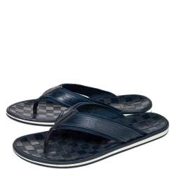 Pre Owned Louis Vuitton Blue Damier Rubber And Leather Key Flip Flop Thong Flats Size 44