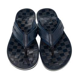 Pre Owned Louis Vuitton Blue Damier Rubber And Leather Key Flip Flop Thong Flats Size 44