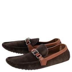 Pre Owned Louis Vuitton Brown Suede And Leather Hockenhein Slip On Loafers Size 45