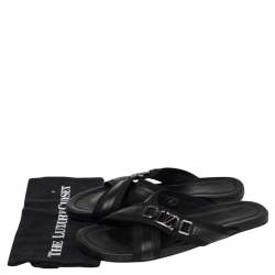 Louis Vuitton Black Canvas and Leather Cross Strap Logo Slides Size 44