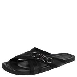 Louis Vuitton Black Canvas and Leather Cross Strap Logo Slides Size 44