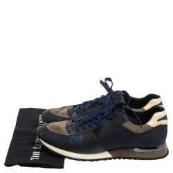 Pre Owned Louis Vuitton Navy Blue/Grey Suede and Damier Embossed Leather Run Away Sneakers Size 45