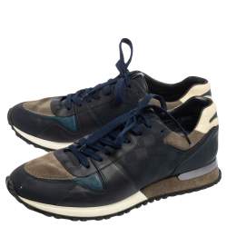 Pre Owned Louis Vuitton Navy Blue/Grey Suede and Damier Embossed Leather Run Away Sneakers Size 45