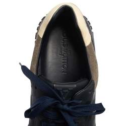 Pre Owned Louis Vuitton Navy Blue/Grey Suede and Damier Embossed Leather Run Away Sneakers Size 45