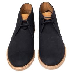 Pre Owned Louis Vuitton Navy Blue Nubuck And Leather Lace Up Ankle Boots Size 45