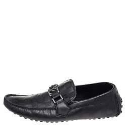 Pre Owned Louis Vuitton Black Damier Embossed Leather Hockenheim Slip On Loafers Size 41.5