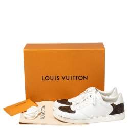 Pre Owned Louis Vuitton White Leather And Monogram Canvas Rivoli Sneakers Size 42