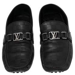Pre Owned Louis Vuitton Black Damier Embossed Leather Hockenheim Slip On Loafers Size 42.5