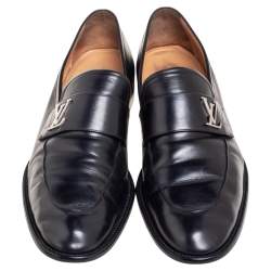 Pre Owned Louis Vuitton Black Leather Logo Slip On Loafers Size 42