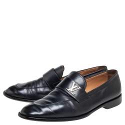 Pre Owned Louis Vuitton Black Leather Logo Slip On Loafers Size 42