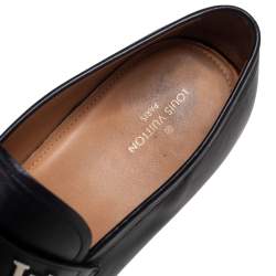 Pre Owned Louis Vuitton Black Leather Logo Slip On Loafers Size 42