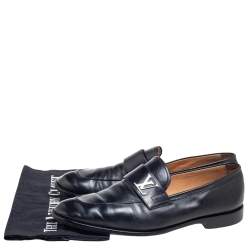 Pre Owned Louis Vuitton Black Leather Logo Slip On Loafers Size 42