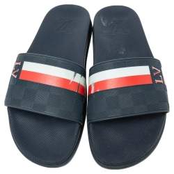 Pre Owned Louis Vuitton Navy Blue Damier Embossed Rubber Waterfront Flat Slides Size 41.5