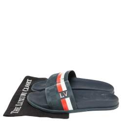 Pre Owned Louis Vuitton Navy Blue Damier Embossed Rubber Waterfront Flat Slides Size 41.5