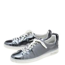 Pre Owned Louis Vuitton Metallic Silver Leather Frontrow Low Top Sneakers Size 45