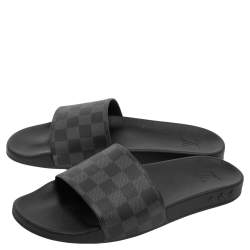 Pre Owned Louis Vuitton Graphite Damier Embossed Canvas Waterfront Flat Slides Size 44.5