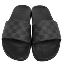 Pre Owned Louis Vuitton Graphite Damier Embossed Canvas Waterfront Flat Slides Size 44.5