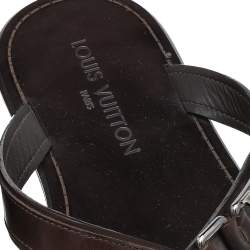 Pre Owned Louis Vuitton Dark Brown Leather Logo Cross Strap Flat Slides Sandals Size 41