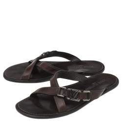 Pre Owned Louis Vuitton Dark Brown Leather Logo Cross Strap Flat Slides Sandals Size 41