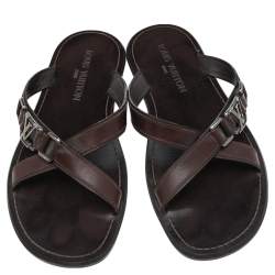 Pre Owned Louis Vuitton Dark Brown Leather Logo Cross Strap Flat Slides Sandals Size 41