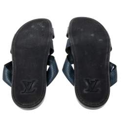 Louis Vuitton Navy Blue Leather Criss Cross Strap Flat Slides Size 44.5
