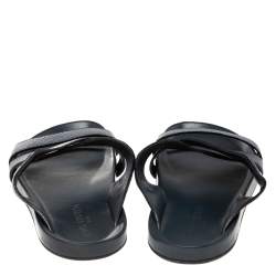 Louis Vuitton Navy Blue Leather Criss Cross Strap Flat Slides Size 44.5