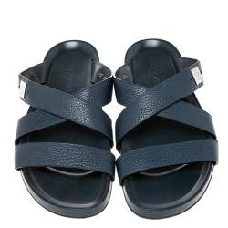 Louis Vuitton Navy Blue Leather Criss Cross Strap Flat Slides Size 44.5
