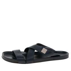 Louis Vuitton Navy Blue Leather Criss Cross Strap Flat Slides Size 44.5
