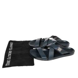 Louis Vuitton Navy Blue Leather Criss Cross Strap Flat Slides Size 44.5