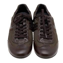 Pre Owned Louis Vuitton Brown Leather And Canvas Low Top Sneakers Size 40.5