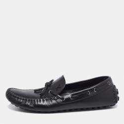 Louis Vuitton Black Leather Logo Bow Slip On Loafers Size 45